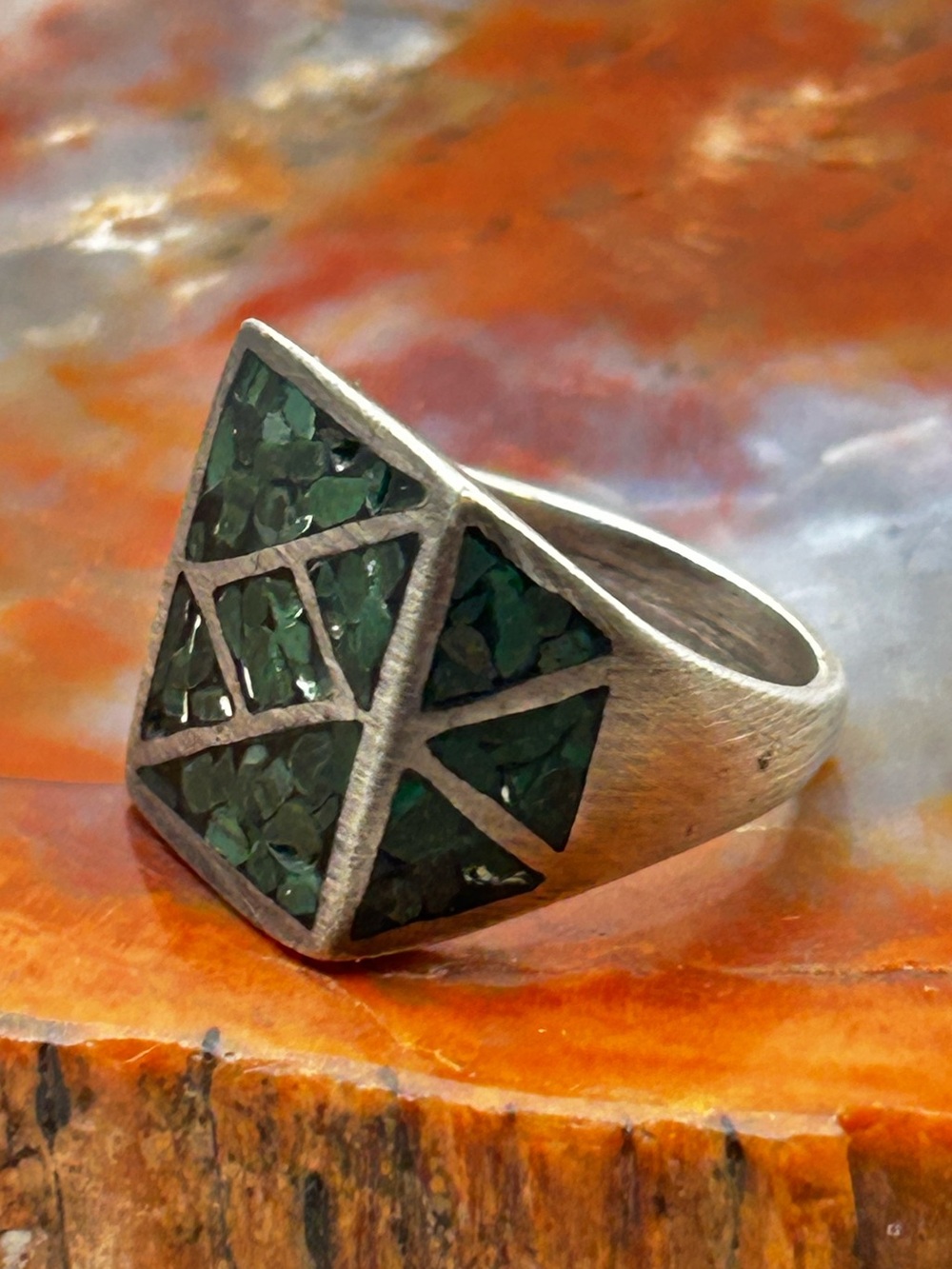 Mens Sterling Silver Malachite Inlay Ring - Size 8